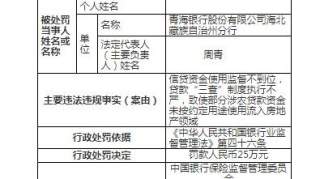 涉农贷款资金流入房地产，青海银行海北藏族自治州分行被罚25万