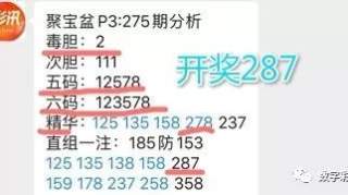 【聚宝盆】276期P3单挑一注。上期测中毒2，精选中278，五码中12578