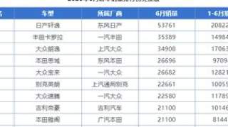 6月份轿车销量1-199名，德原朗跌至第三，帝豪、逸动双双进入前十