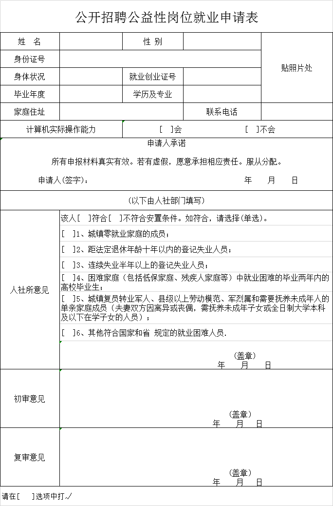 公开招聘公益性岗位就业申请表