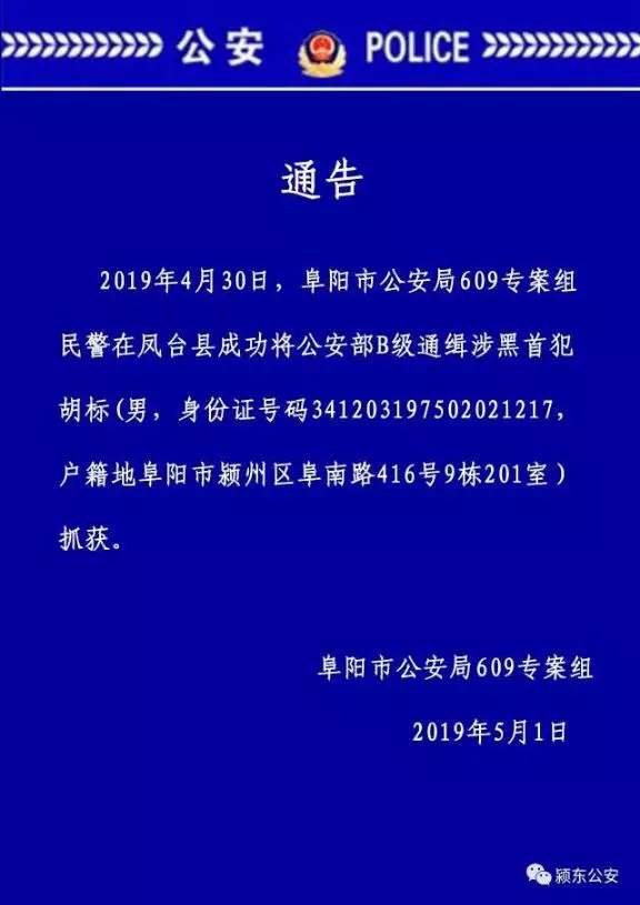 阜阳警方抓获一公安部B级通缉涉黑首犯！系当地政府工作人员！