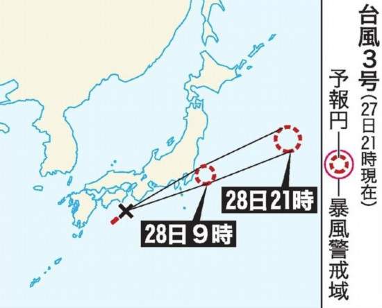 3号台风逼近日本关东、东海地区 日本各地28日迎强降雨