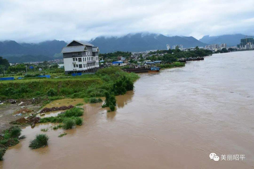 受强降雨影响，洪峰过境昭平桂江水位上涨，今年首次超警戒水位