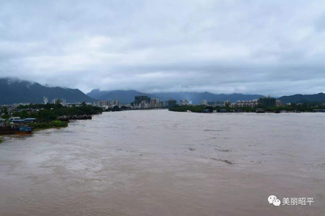 受强降雨影响，洪峰过境昭平桂江水位上涨，今年首次超警戒水位