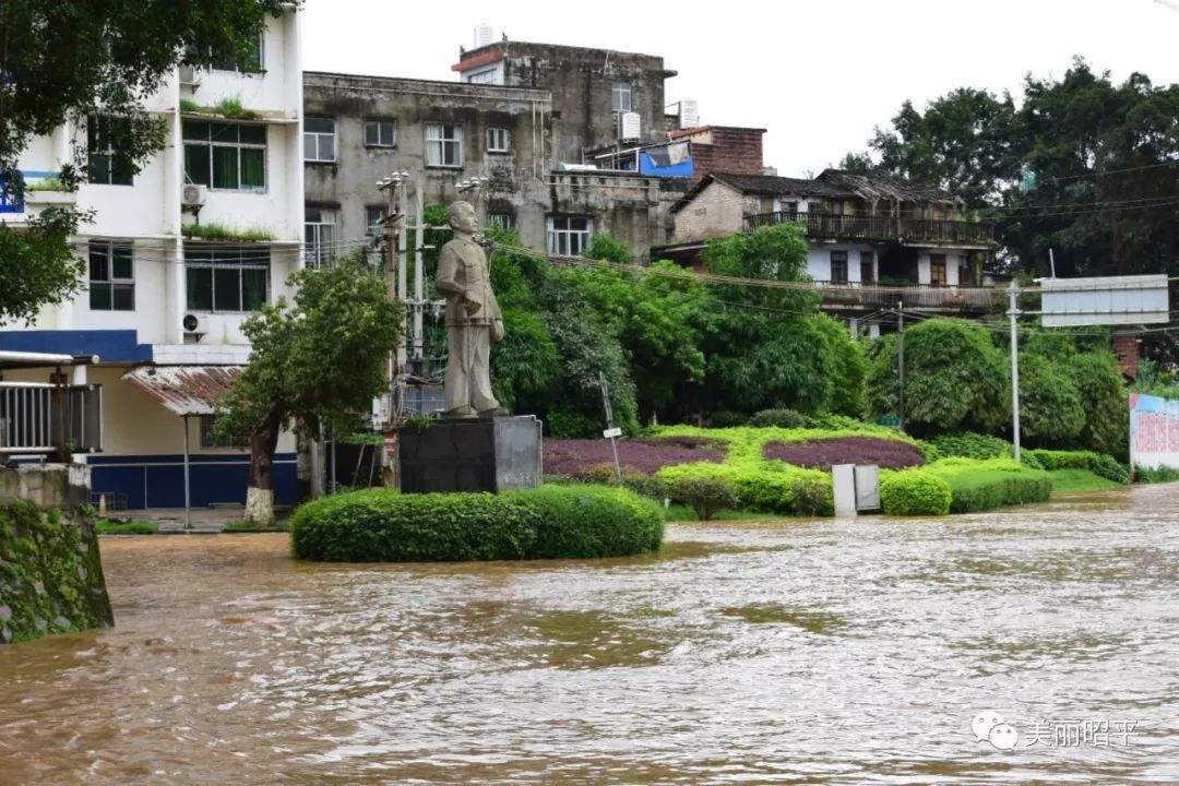 受强降雨影响，洪峰过境昭平桂江水位上涨，今年首次超警戒水位