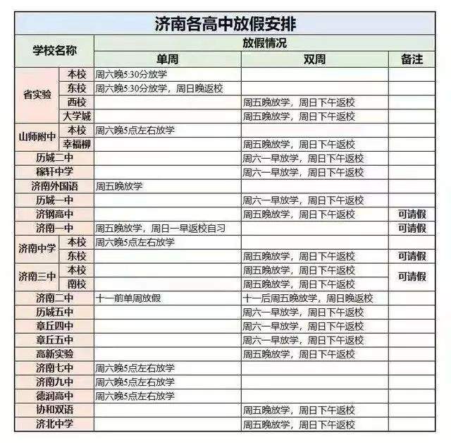 济南高中作息时间表&放假安排