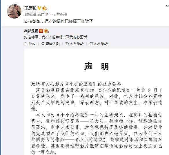 王思聪微博发帖力挺彭昱畅：恒业的操作属于诈骗