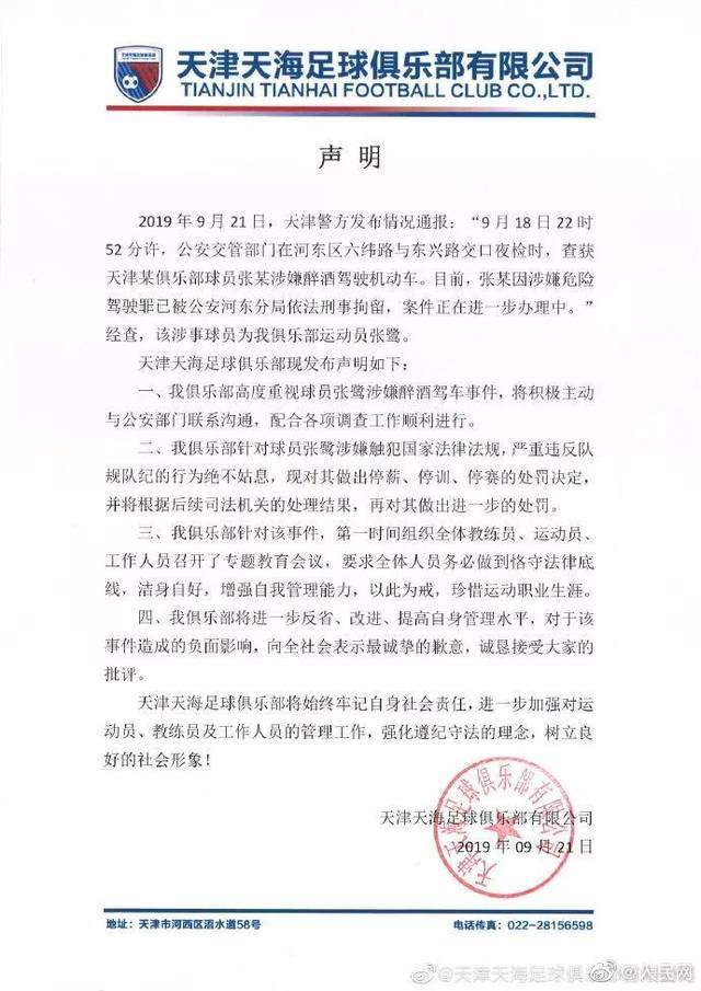 国足门将张鹭醉驾被刑拘