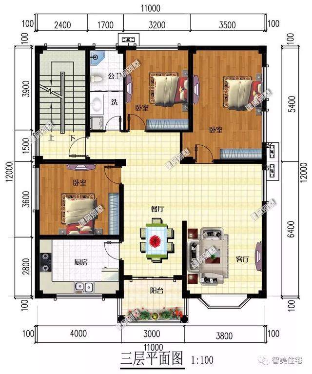 3栋面宽11米的四层别墅，都是平屋顶设计，造价40-50万