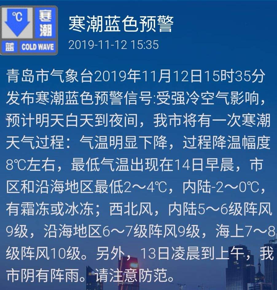 扩散提醒！青岛发布寒潮蓝色预警！大风10级+冰冻！气温狂降█℃！