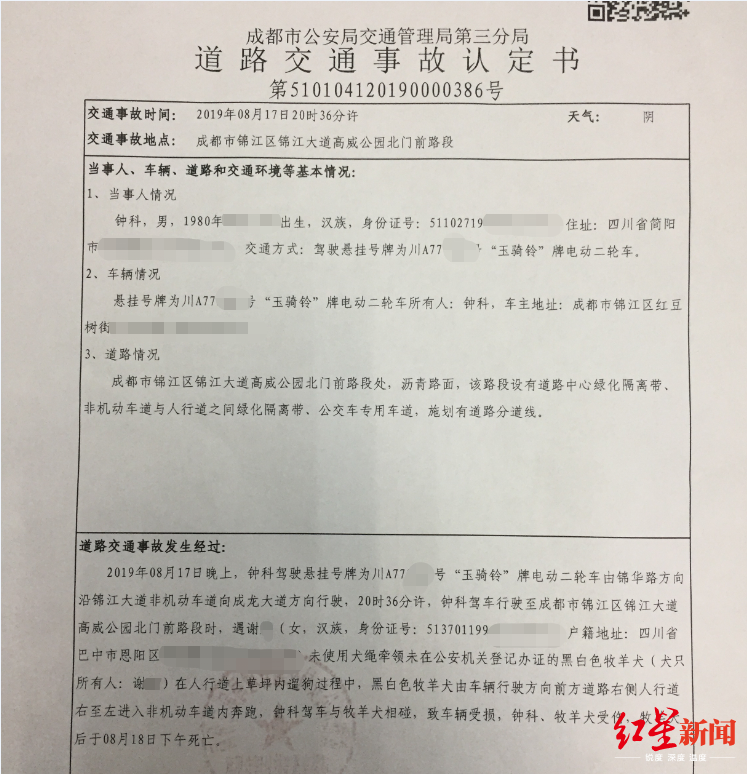 人狗相撞工伤认定受阻后续：交警出具交通事故认定书，认定男子无责