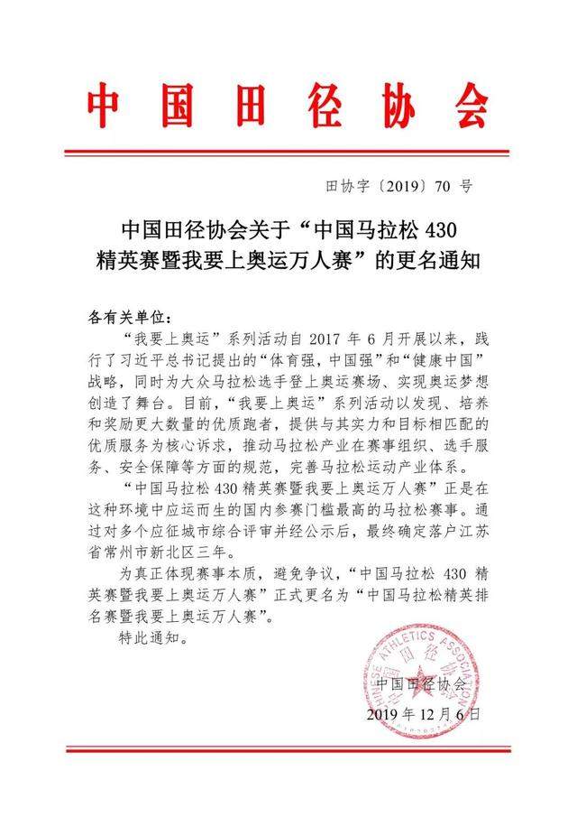 中国马拉松430精英赛更名，12月30日开启报名