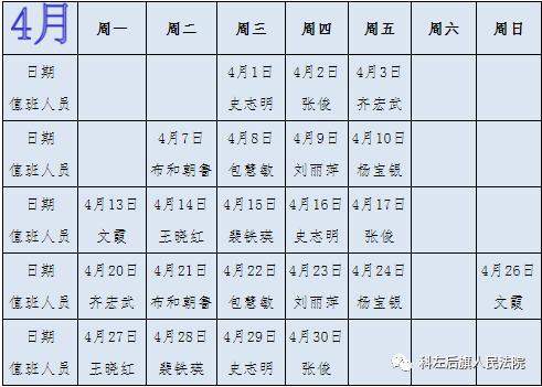 科左后旗人民法院向社会公布执行信访接待值班表