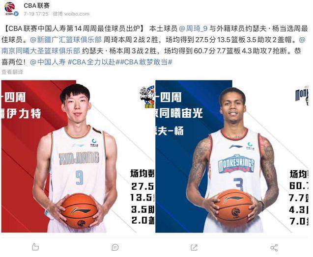 CBA第14周最佳球员出炉：周琦本土最佳 约瑟夫杨成第一外援