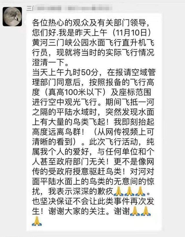 直升机黄河湿地驱赶天鹅？大量候鸟受惊乱飞，疑似涉事飞行员道歉