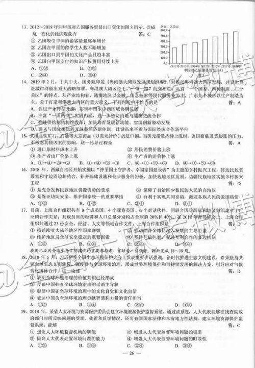 2019高考全国三卷文科综合真题答案解析 全国卷3文综答案大全