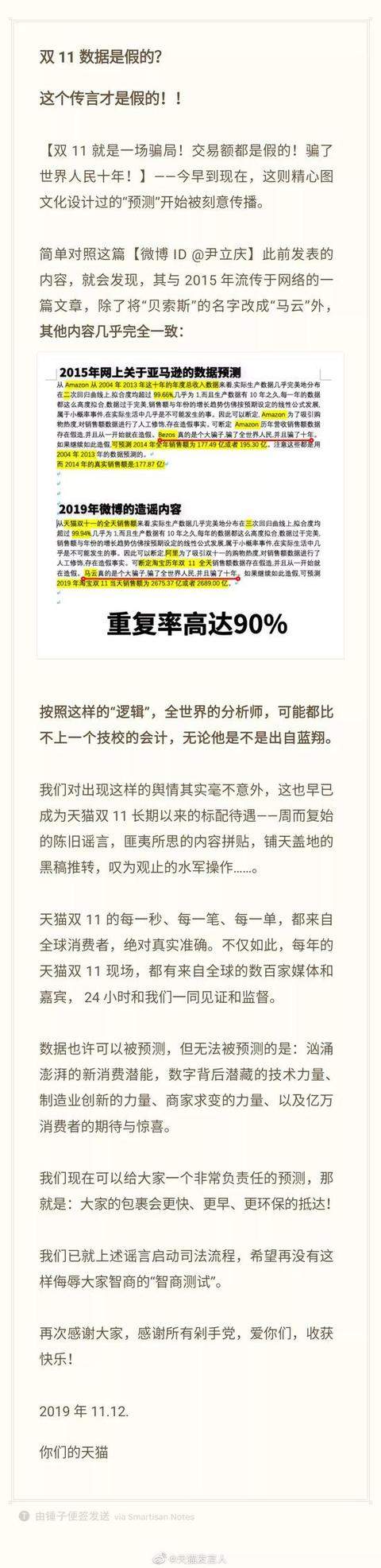 马云否认数据造假：数字并不关键 网友用公式预测数据质疑天猫双11造假 天猫官方回应全文