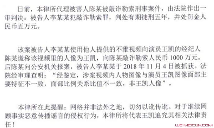 王凯假视频案胜诉 被告方判刑5年不雅视频始末起底